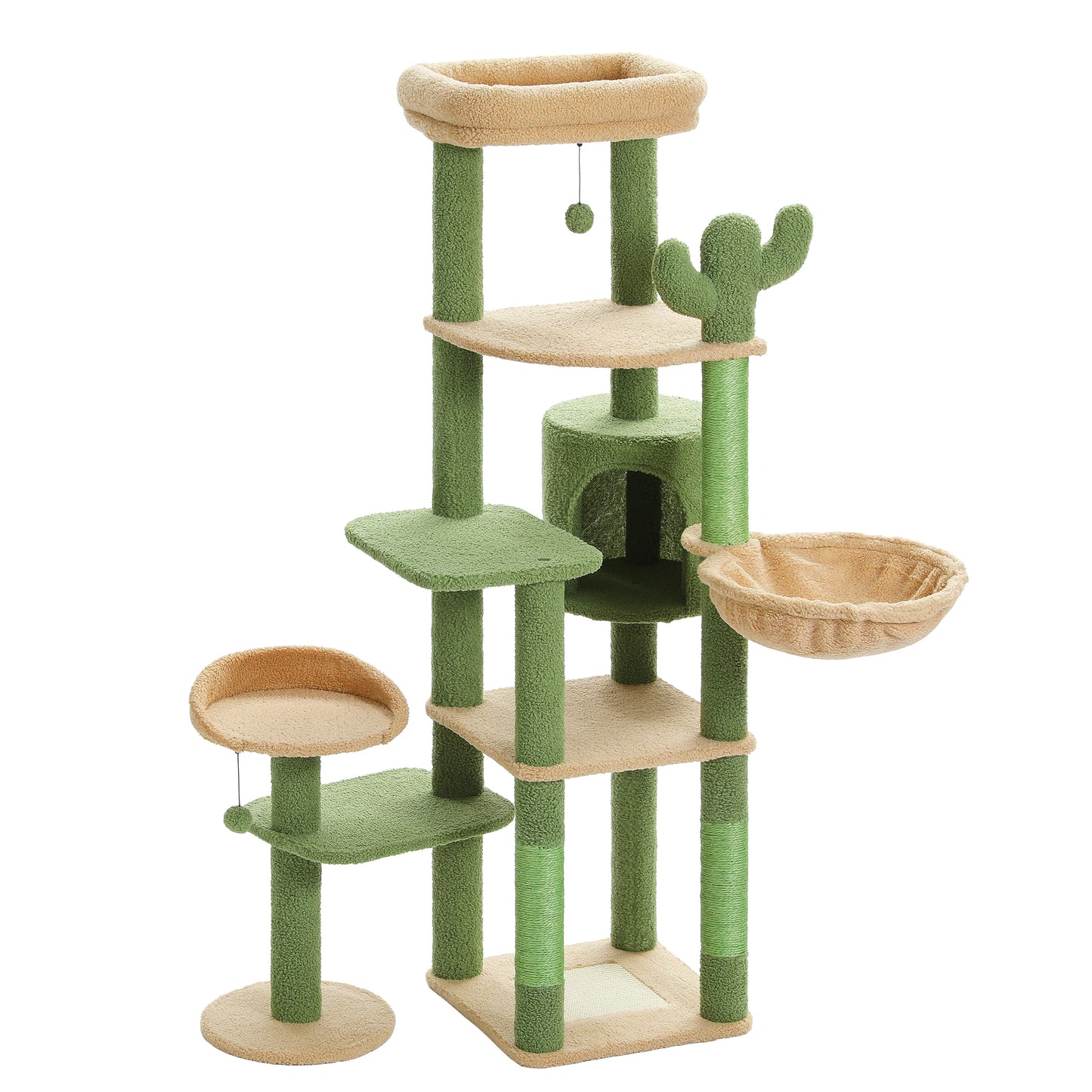Stable Cat Tree Tower with Anti-Toppling Device,Cozy Detachable Top Bed,Cute Round Cat Condo,Large Hammock,Replaceable Pompoms
