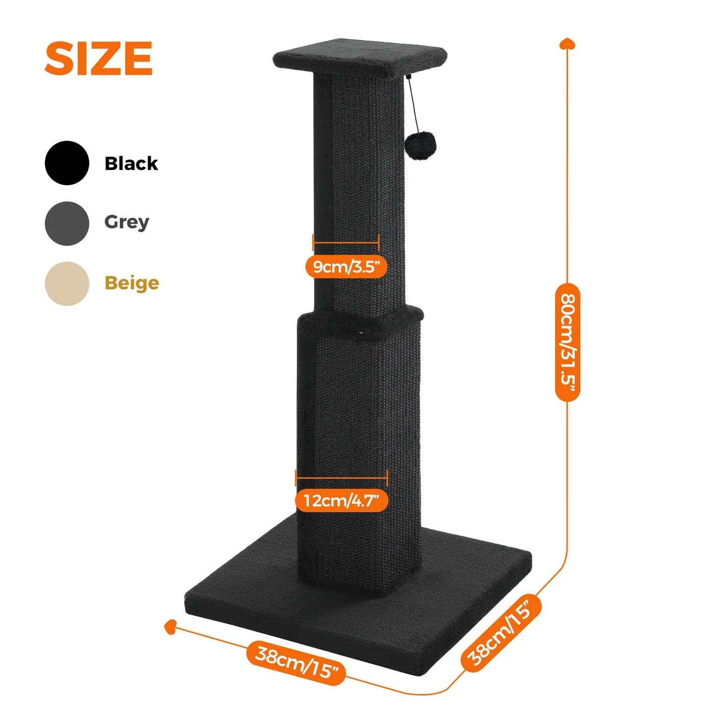 80CM Pet Cat Tree Scratching Post for Indoor Plush Top Perch Stable Durable with Ball Black Natural Sisal Protecting Furniture