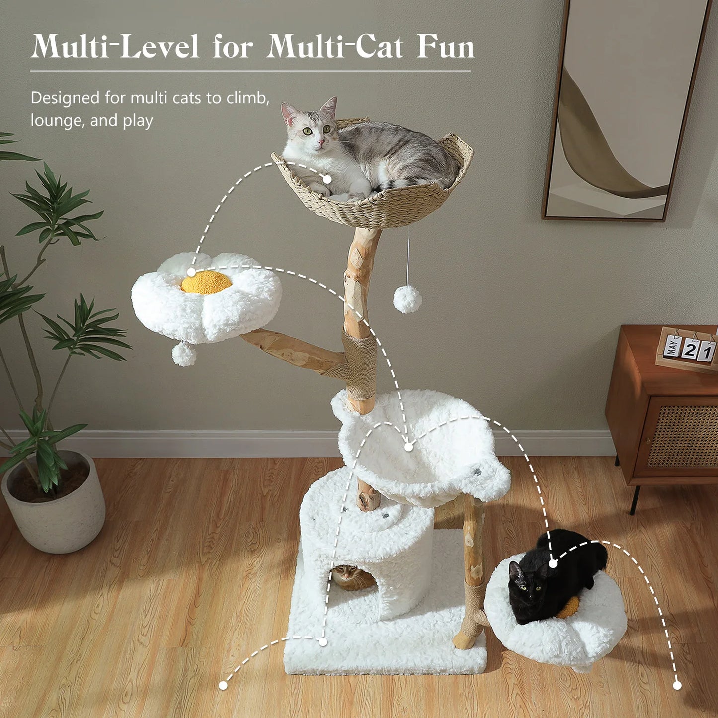 Modern Cat Tree with Natural Sisal Scratching Posts Large Condo Flower Perches Wood Cat Tower for Indoor Luxury Cat Furniture