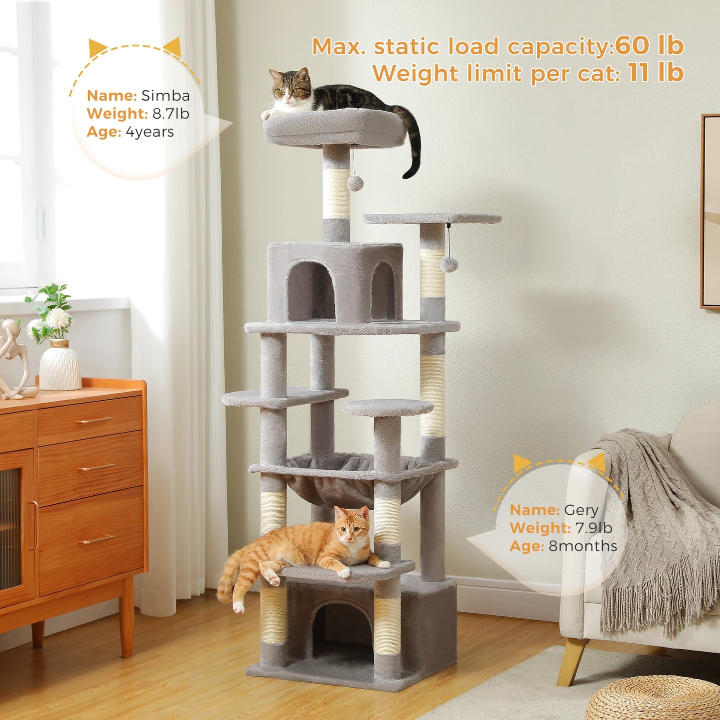 Tall Cat Tree with Scratching Posts Spacious Hammocks Large Condos Large Cat Tower for Indoor Cat Scratcher Cat Toys Accessories