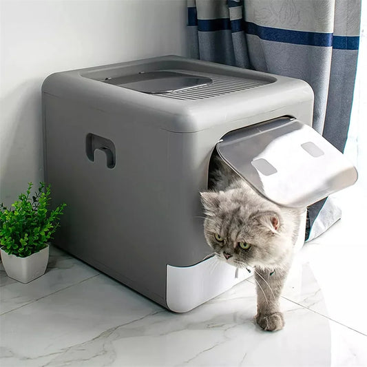 Cat Litter Box Tray Foldable Top Entry Large Cat Toilet Drawer Type with Lid Hooded Pet Kitten Litter Tray Leak-Proof with Scoop