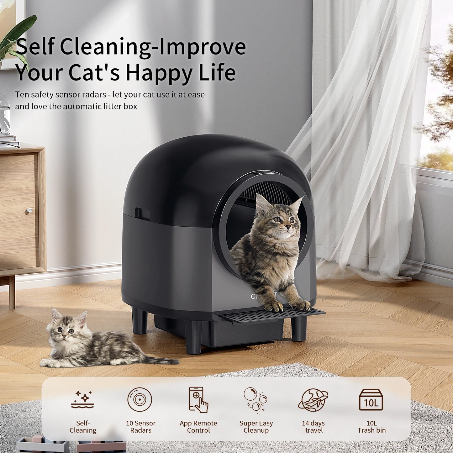 REDSASA Self Cleaning Automatic Cat Litter Box,110L Large Space Cat Smart Toilet with Stairs, Safety Protection, APP-Control