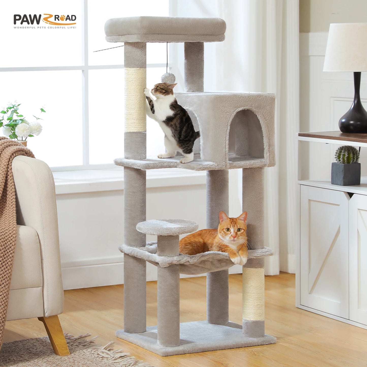 Cat Tree for Indoor Multi-Level Cat Tower with Scratching Posts Cozy Hammock Top Perch Large Cat Condo Cat Toys Cat Accessories