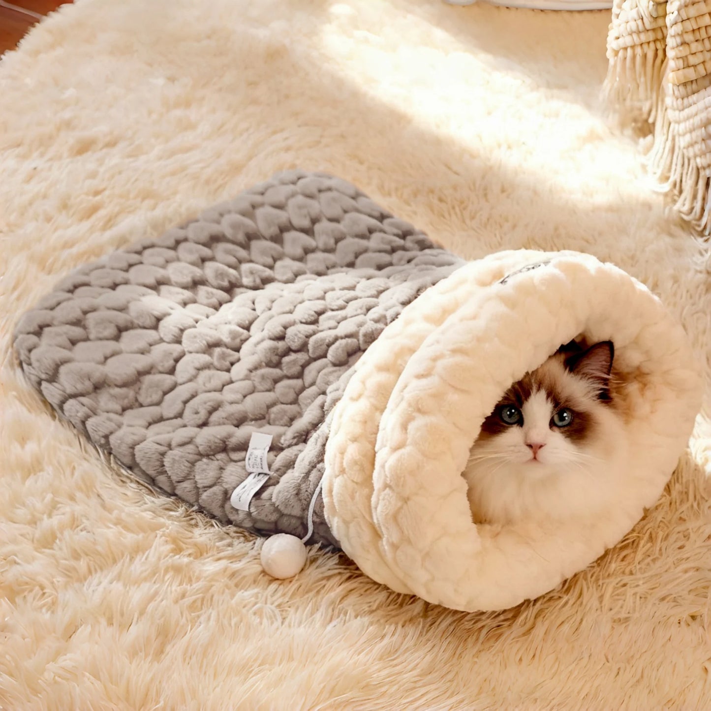Cozy Cave Cat Sleeping Bag: Winter Warm Semi-Enclosed Pet Bed with Security Hood - Self-Warming Fluff Pocket for Anxious Cats