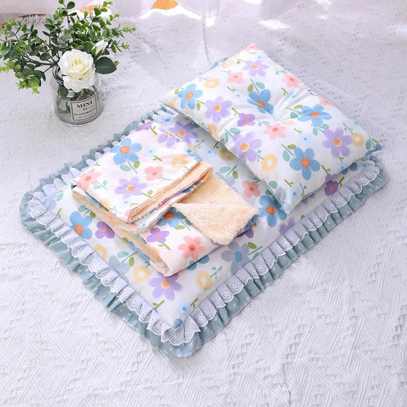 Cute Cat Bed With Pillow Universal Three-Piece Princess Nest Dog Kennel Pet Cushion Small Medium Cat Sleeping Bed Pet Blanket