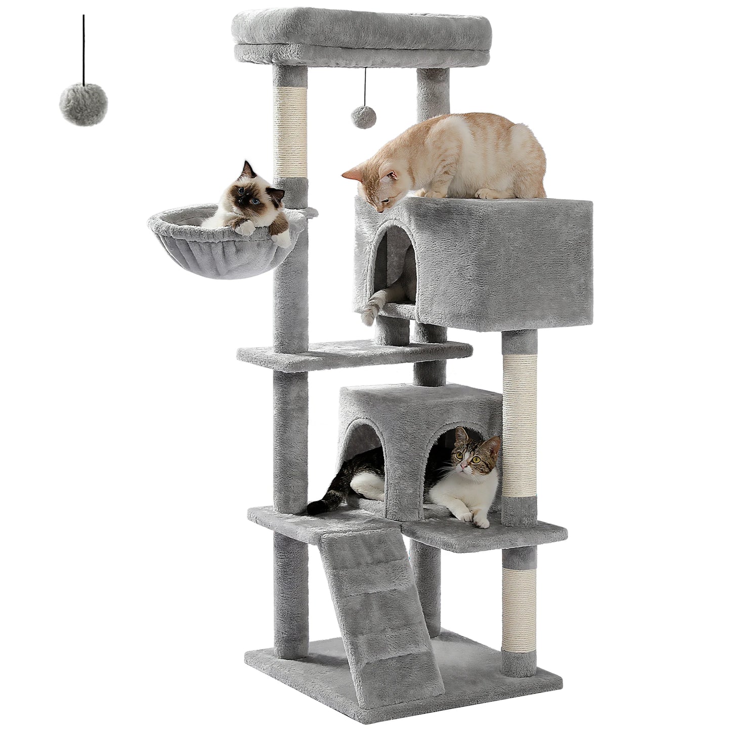 Stable&Safe Multi-Level Cat Tree Tower with Cozy Condo,Scratching Posts&Boards,Perches,Hammock,Pompoms for Active Cats,Cat Toys