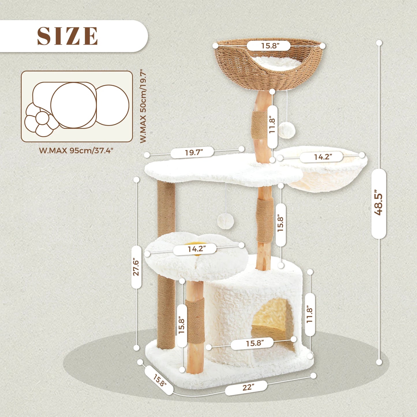Solid Wood Cat Tree Modern Cat Tower with Spacious Cat Condo,Flower Perches,Fun Pompom,Double Comfort Perfect for Indoor Kittes
