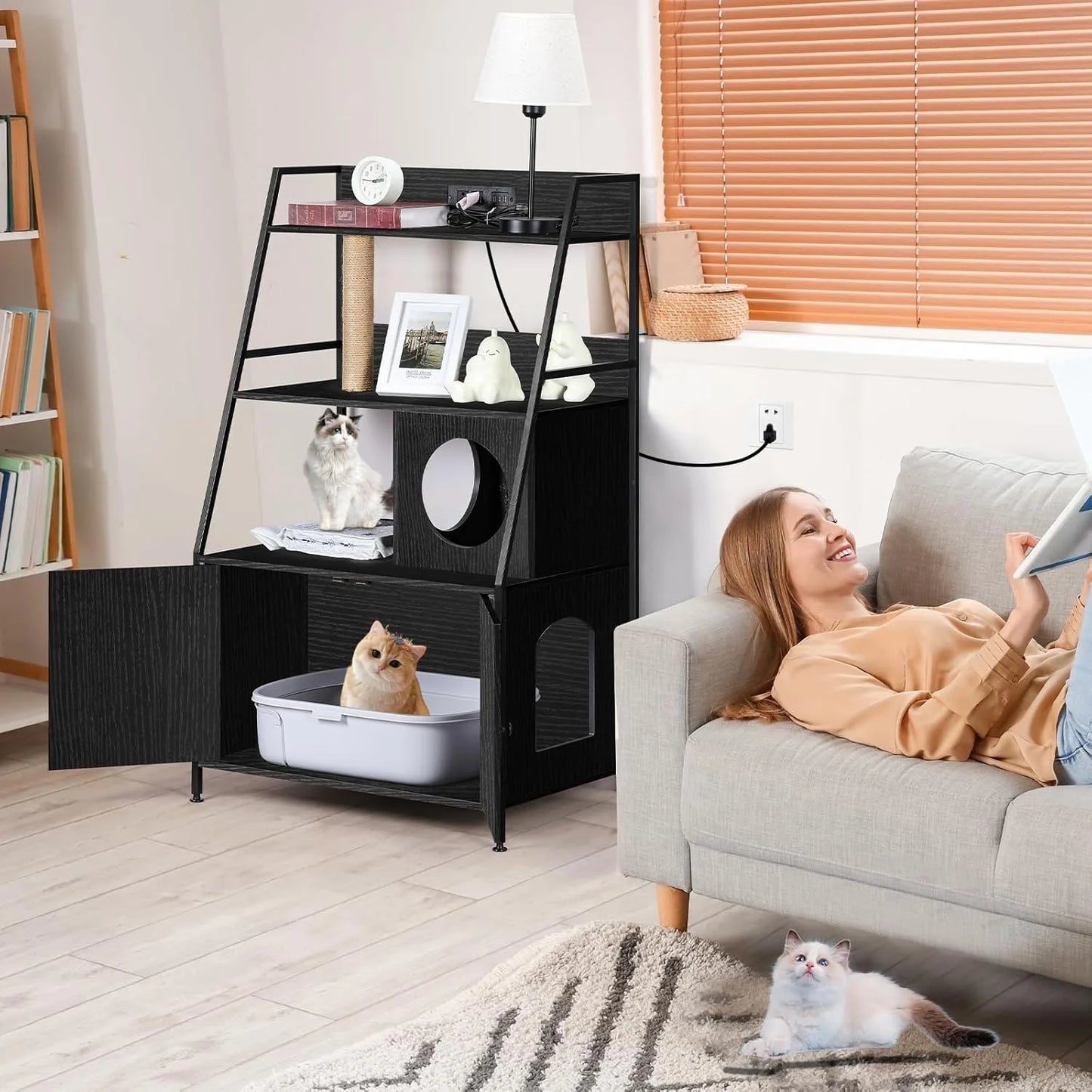 Cat Litter Box Enclosure w/Charging Station & Shelves - Tall Hidden Furniture Universal Fit Indoor, Storage Cabinet (Black)