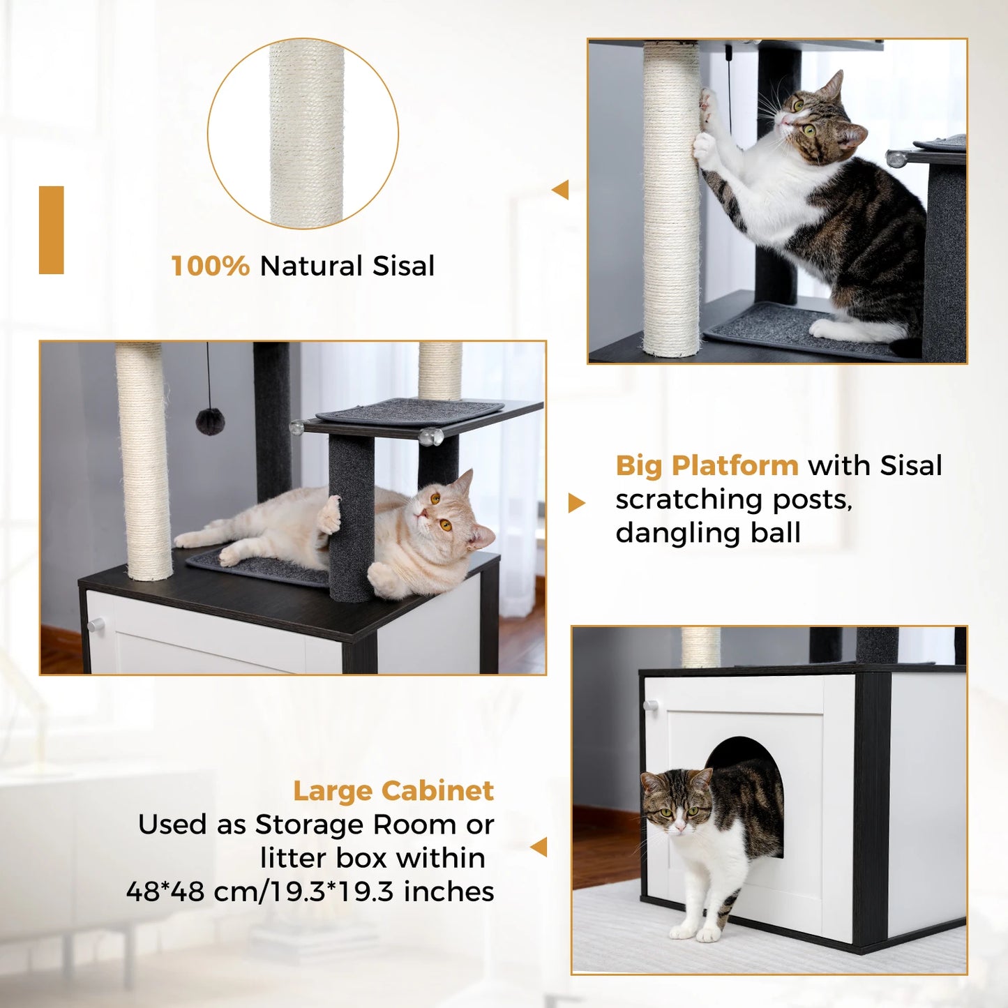 Wood Cat Tree with Storage Cabinet Sisal Scratching Post Cozy Cat Condo Soft Hammock Large Cat Tower for Indoor Cat Accessories