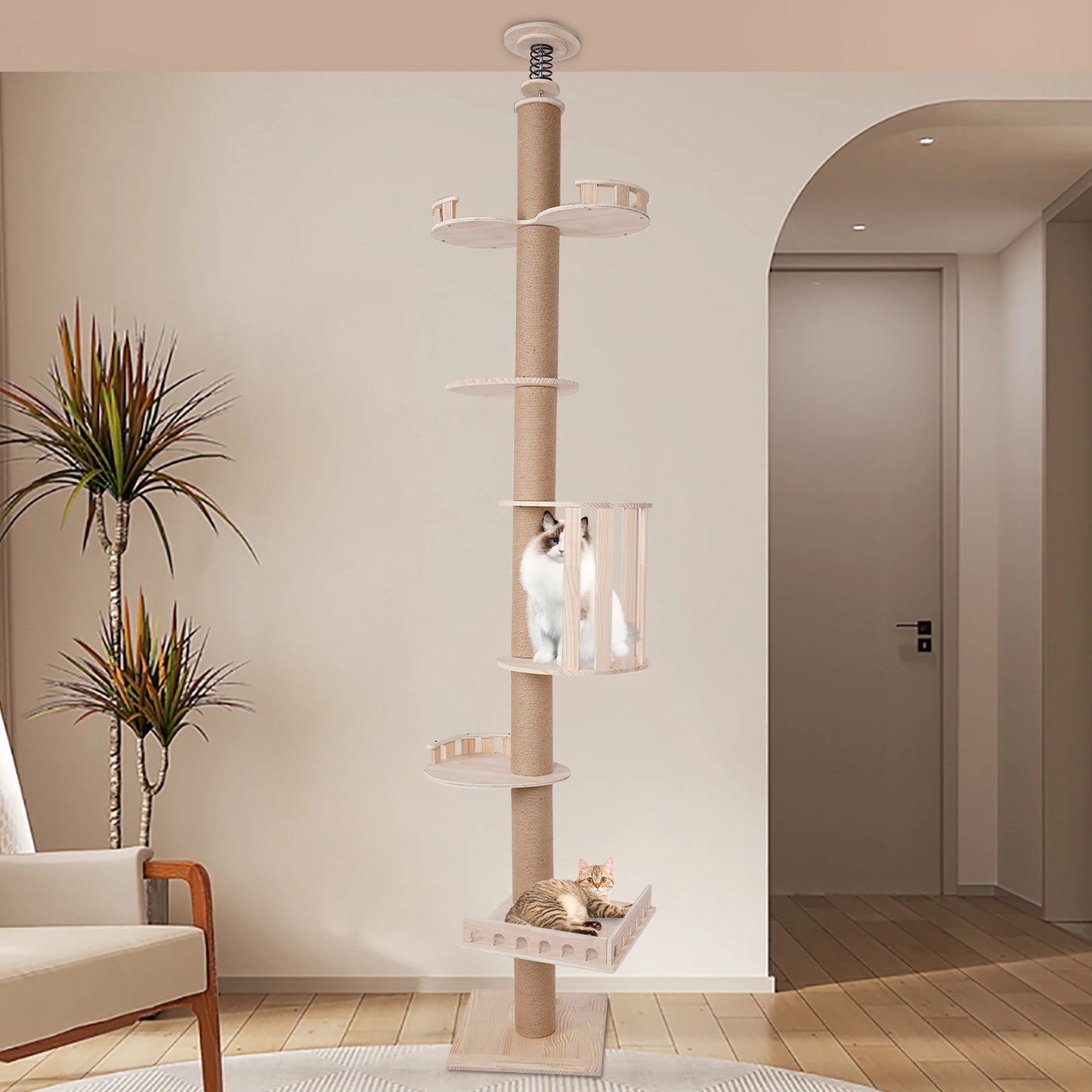 Durable 5-Tier Cat Tree with Scratching Posts, Wooden Cages, and Climbing Platforms for Cats, Easy Installation, Safe and
