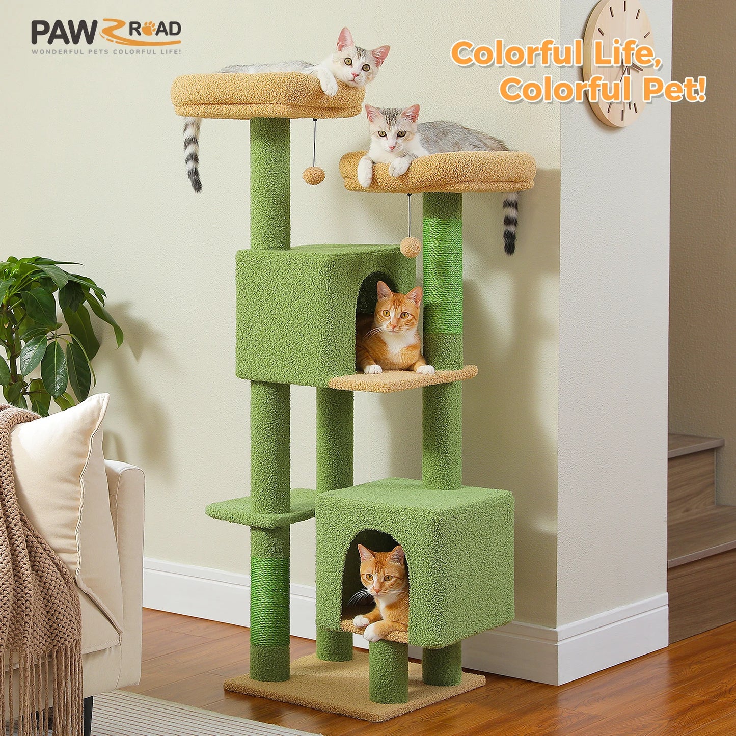 Cactus Cat Tree, 133cm Cat Tower for Indoor Cats, Cute Cat Tree with 2 Padded Perches, 2 Condos & 2 Scratching Posts