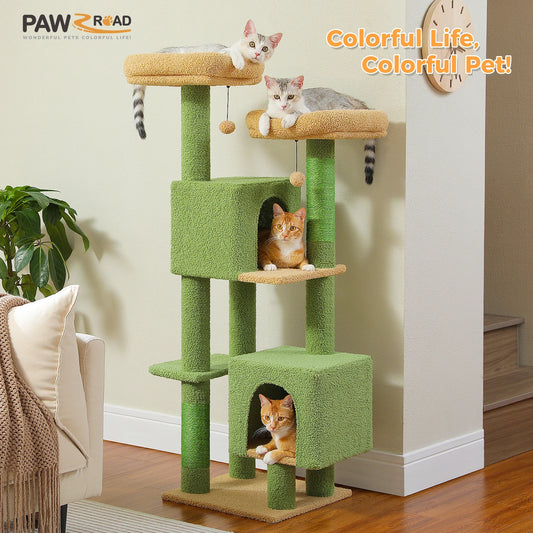 Cactus Cat Tree, 133cm Cat Tower for Indoor Cats, Cute Cat Tree with 2 Padded Perches, 2 Condos & 2 Scratching Posts