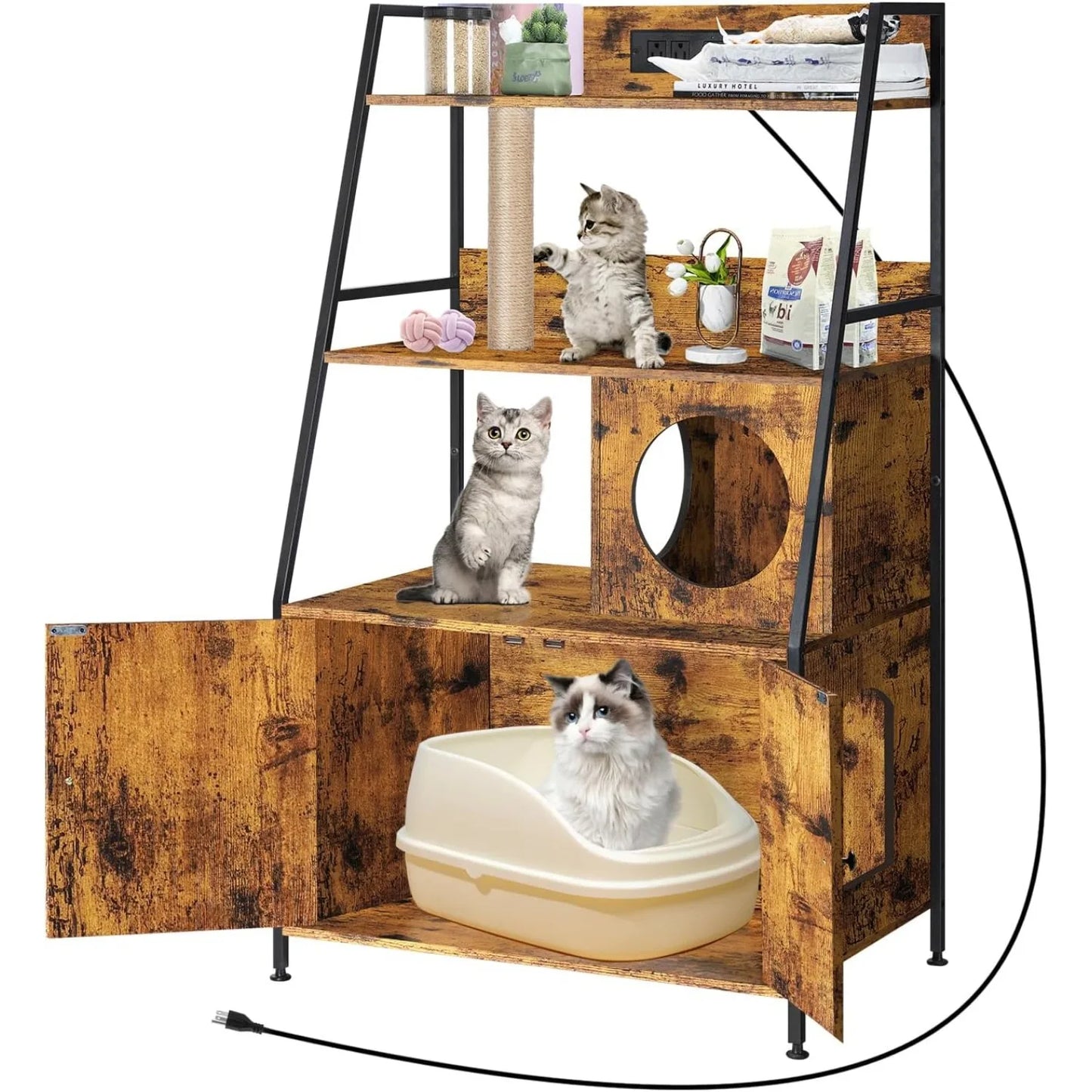 Cat Litter Box Enclosure w/Charging Station & Shelves - Tall Hidden Furniture Universal Fit Indoor, Storage Cabinet (Black)