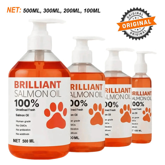 Human-Grade Salmon Oil (500ml, 300ml, 200ml 100ml) for Dogs & Cats Omega 3 Fatty Acids Supplement for Optimal Health & Nutrition