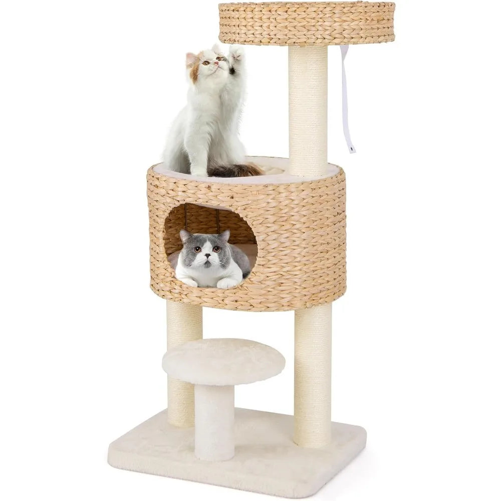 Tangkula Modern Cat Tree, 41 Inch Multi-Level Cat Tower with Cattail Fluff Condo & Top Perch, Hanging Toy, Bed, Removable Cushio