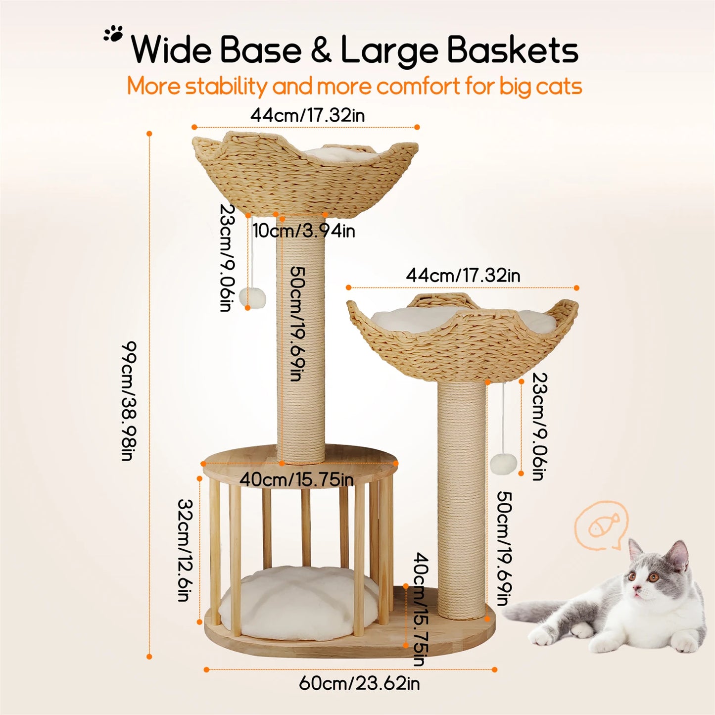 99CM Tall Multilevel Cat Tree Activity Tower Center with Plush Cushion Dangling Ball Baskets Condo Scratching Post for Indoor