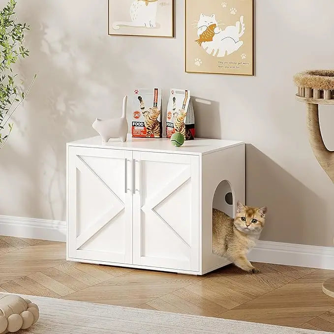 Hidden Litter Box Furniture with 2 Doors, Wooden Litter Box Enclosure Furniture, Indoor Cat House, TV Stand Cabinet