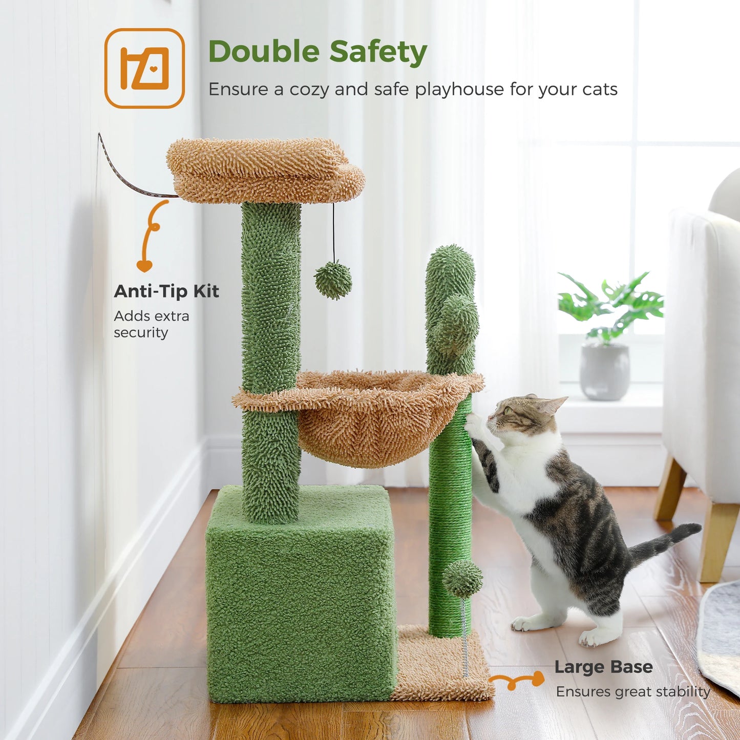 4-in-1 Cactus Cat Tree for Indoor Cat, Small Cat Tower with Large Condo, Scratching Post, Deep Hammock, Cozy Top Perch, Cat Toys