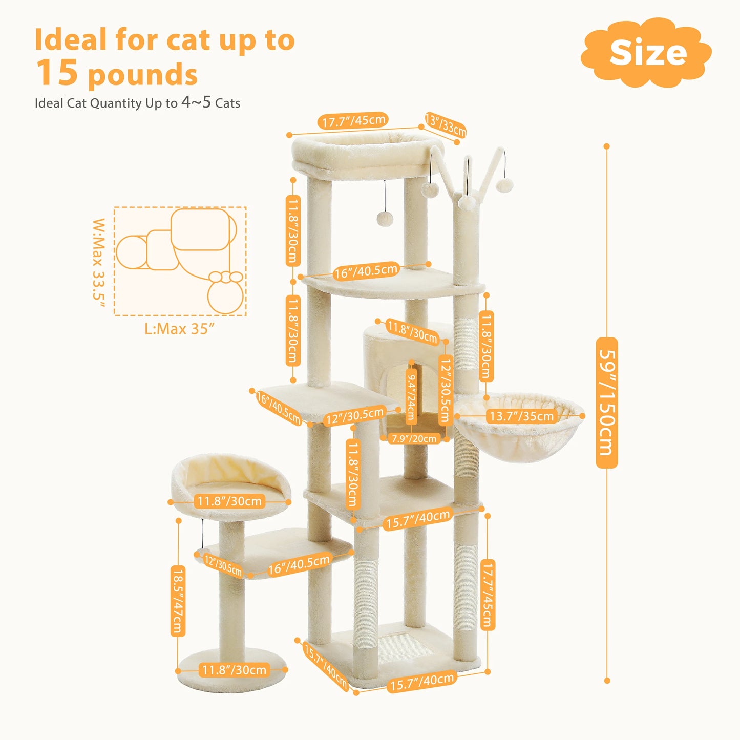 Stable Cat Tree Tower with Anti-Toppling Device,Cozy Detachable Top Bed,Cute Round Cat Condo,Large Hammock,Replaceable Pompoms