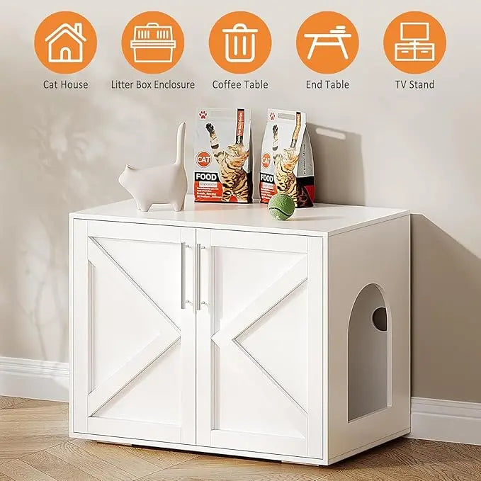 Hidden Litter Box Furniture with 2 Doors, Wooden Litter Box Enclosure Furniture, Indoor Cat House, TV Stand Cabinet