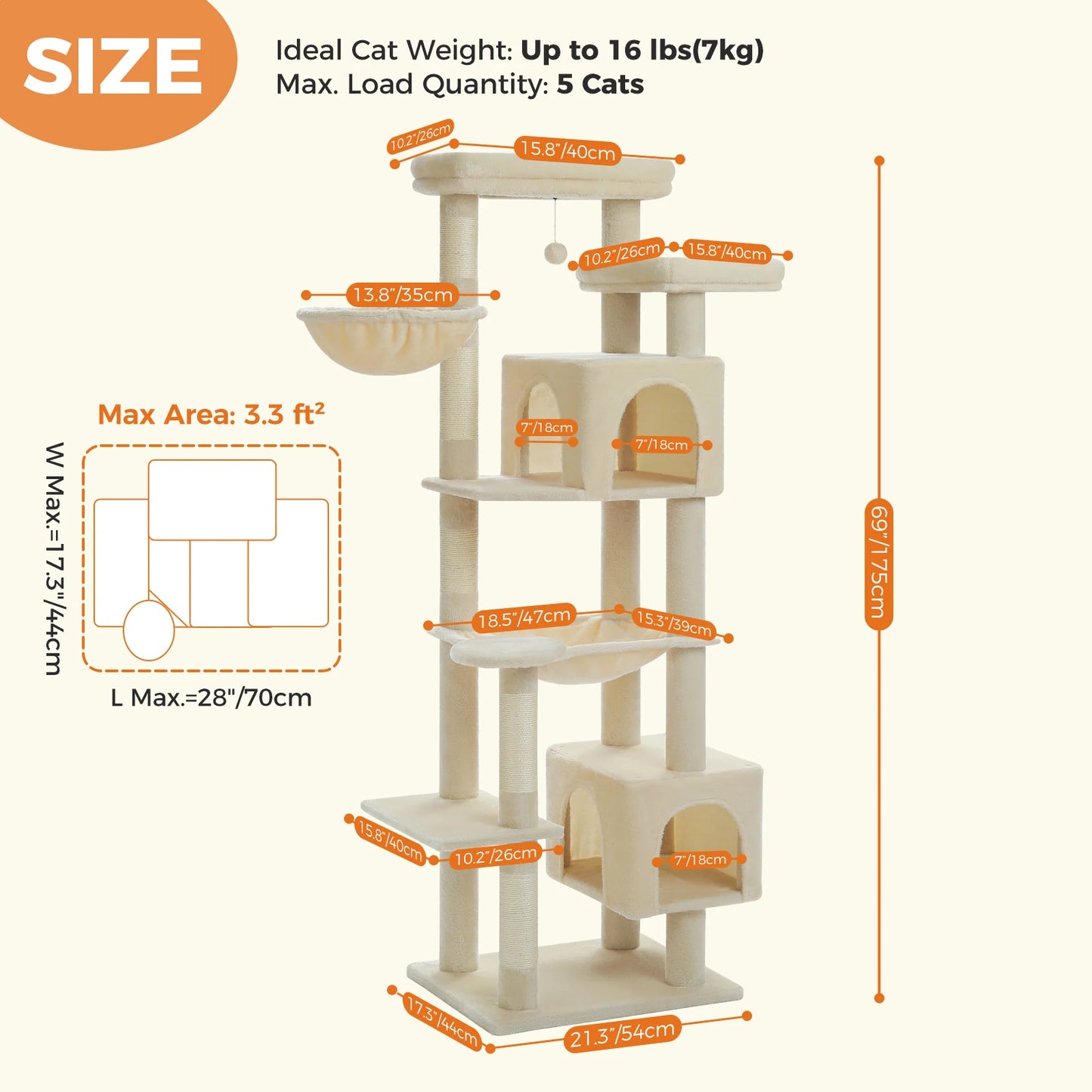 Stable&Safe Cat Tree Multi-Level Cat Tower with Spacious Hammock&Top Perches,Comfortable Condo Perfect for Indoor Cats,Cat Toy