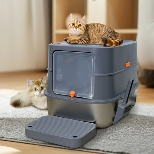 Extra Large Stainless Steel Cat Litter Box Full Enclosed Cat Litter Tray Pan High Sided Enclosure Removable Lid with Scoop