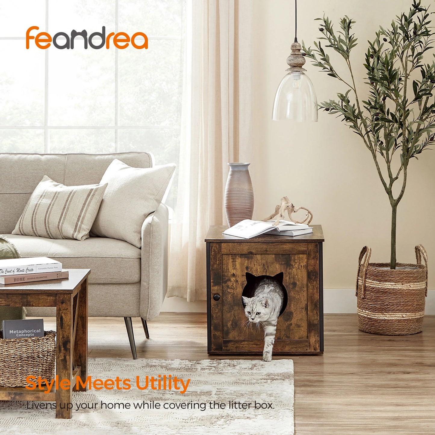 Feandrea Cat Litter Box Furniture, Hidden Litter Box Enclosure Cabinet with Single Door, Indoor Cat House, End Table, Nightstand