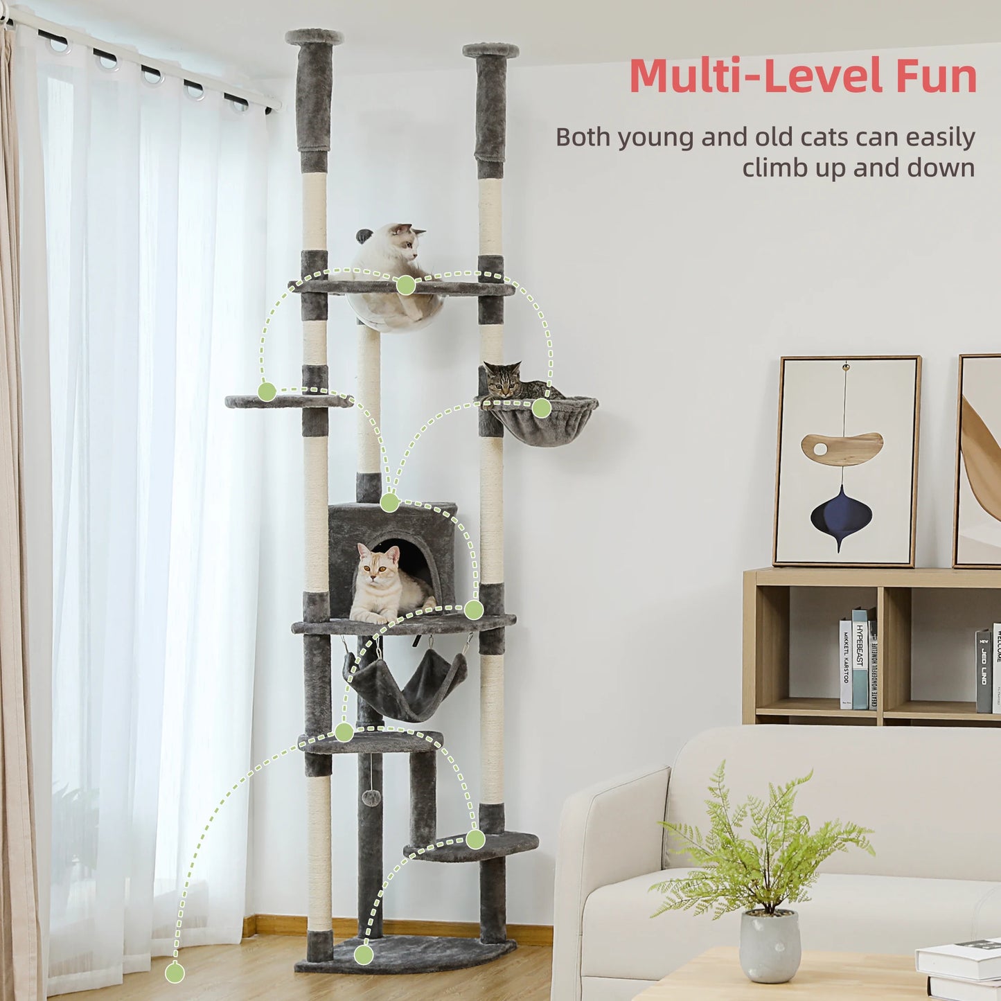 Floor to Ceiling Cat Tree Adjustable Cat Tower Tall Kitty Climbing Play House with Scratching Posts Cozy Condo Perches Hammock