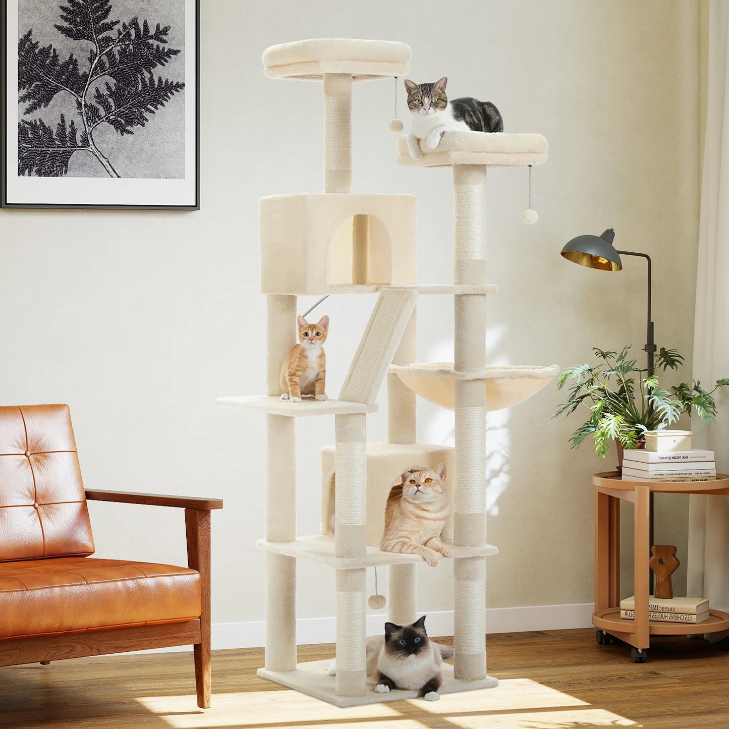 Stable&Safe Multi-Level Cat Tree Tower with Cozy Condo,Scratching Posts&Boards,Perches,Hammock,Pompoms for Active Cats,Cat Toys