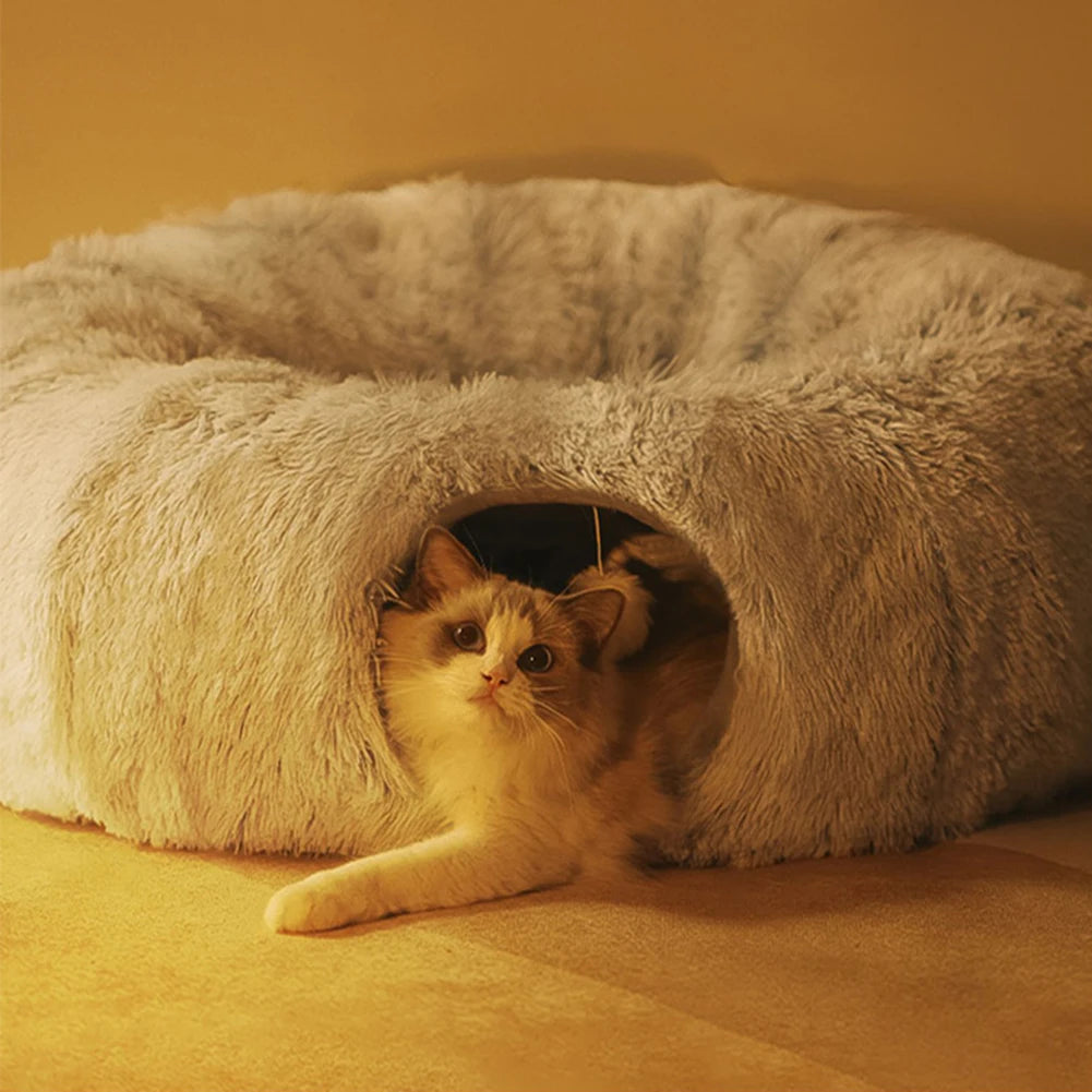 Soft Winter Cat Bed and Tunnel Playful Foldable Cat Cave for Deep Sleeping Provides Warmth Comfortable for Cats Small Dogs Pets