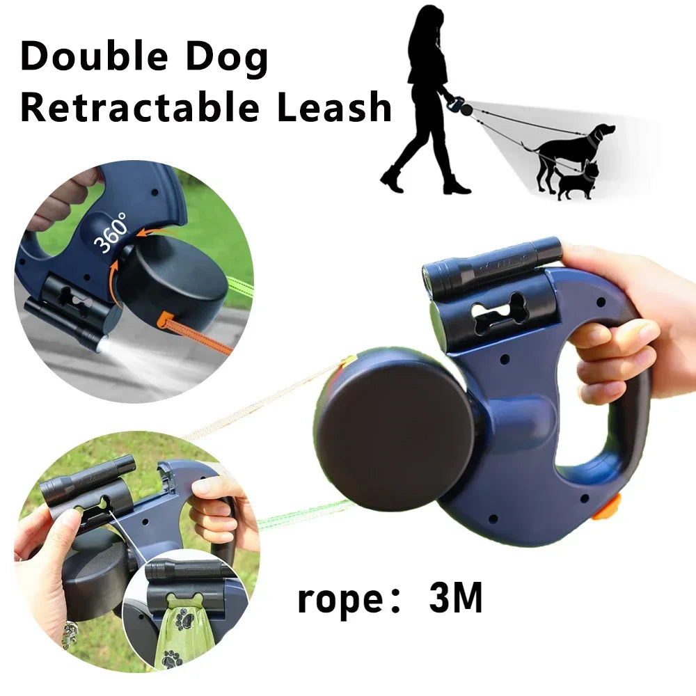 Retractable Dual Doggie Leash with LED Light, 360 Swivel No Tangle for Each Dog Independent Braking with 3M Reflective Leads Dog