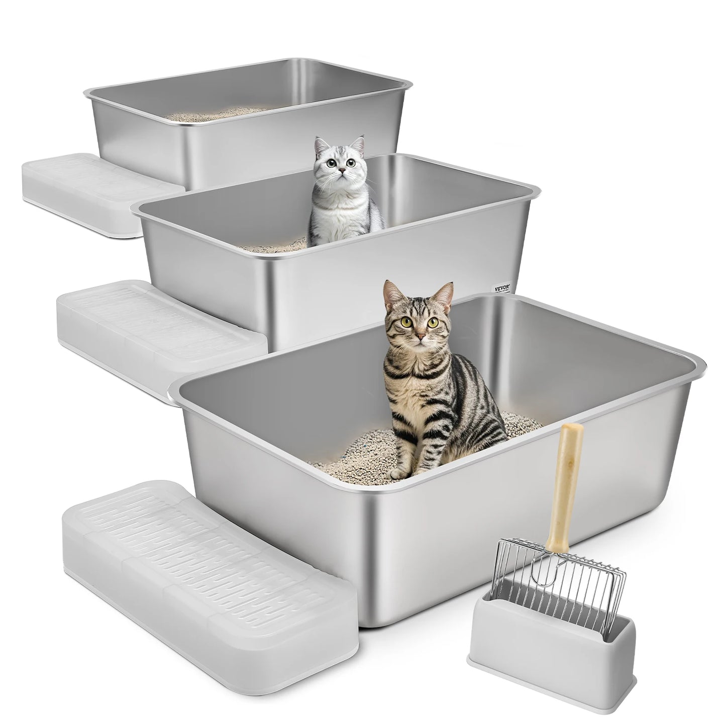 SucceBuy Cat Litter Box Large Stainless Steel Enclosed Odor-Free Cat Litter Box with Scoop Wide Filtering Foot Board for Cats
