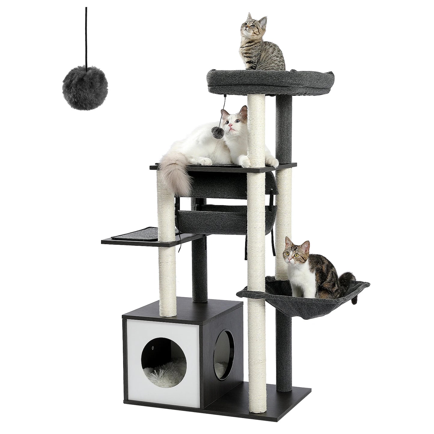 Multi-Level Wood Cat Tree with Tunnel Sisal Sctraching Post Large Condo Hammock Modern Cat Tower for Indoor Cat Accessories Toys