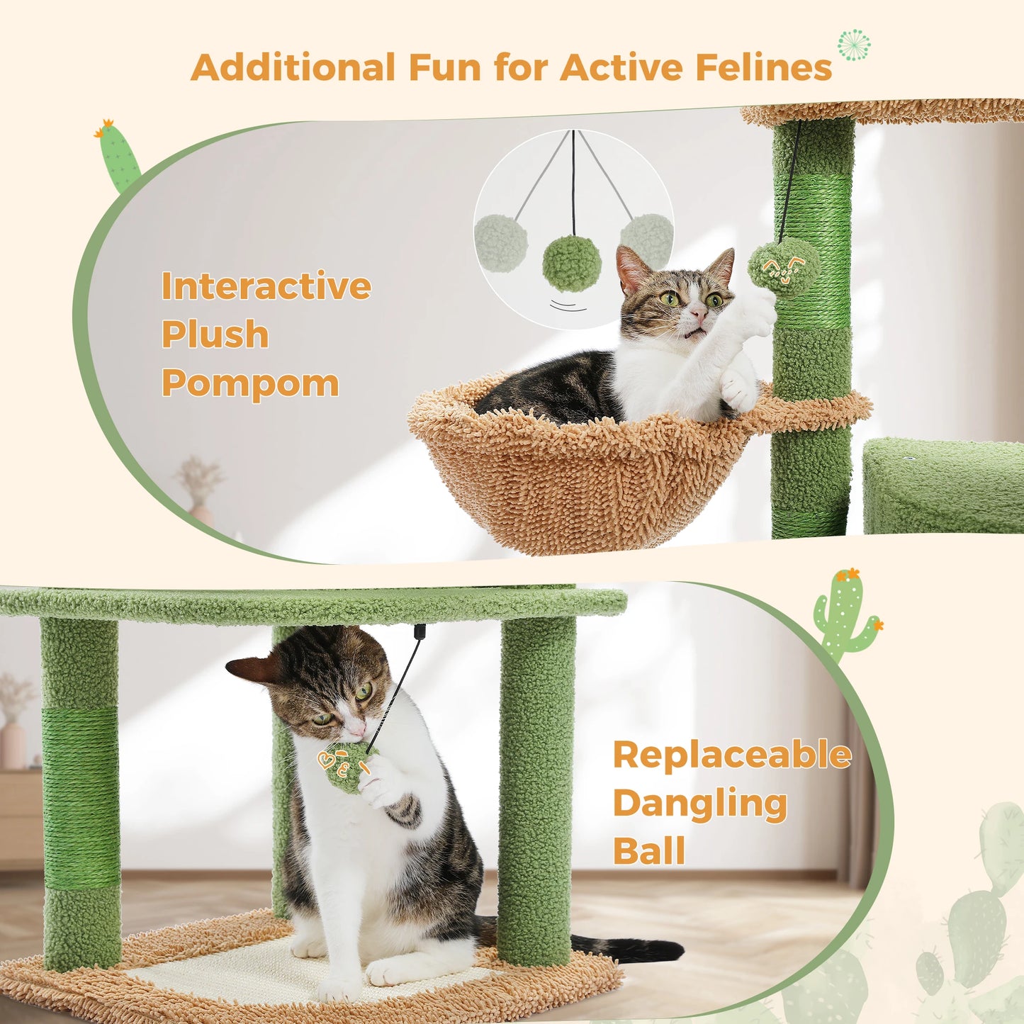 Cactus Cat Tree with Sisal Covered Scratching Posts, Large Condo, Cozy Hammock and Plush Perch, Cat Tower for Indoor, Cat House