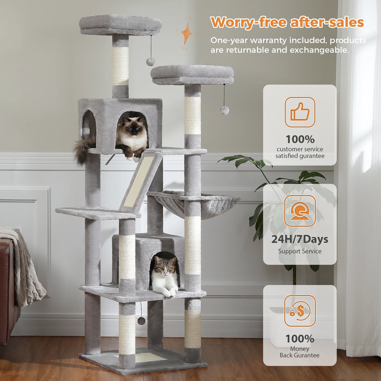 Stable&Safe Cat Tree Multi-Level Cat Tower with Spacious Hammock&Top Perches,Comfortable Condo Perfect for Indoor Cats,Cat Toy