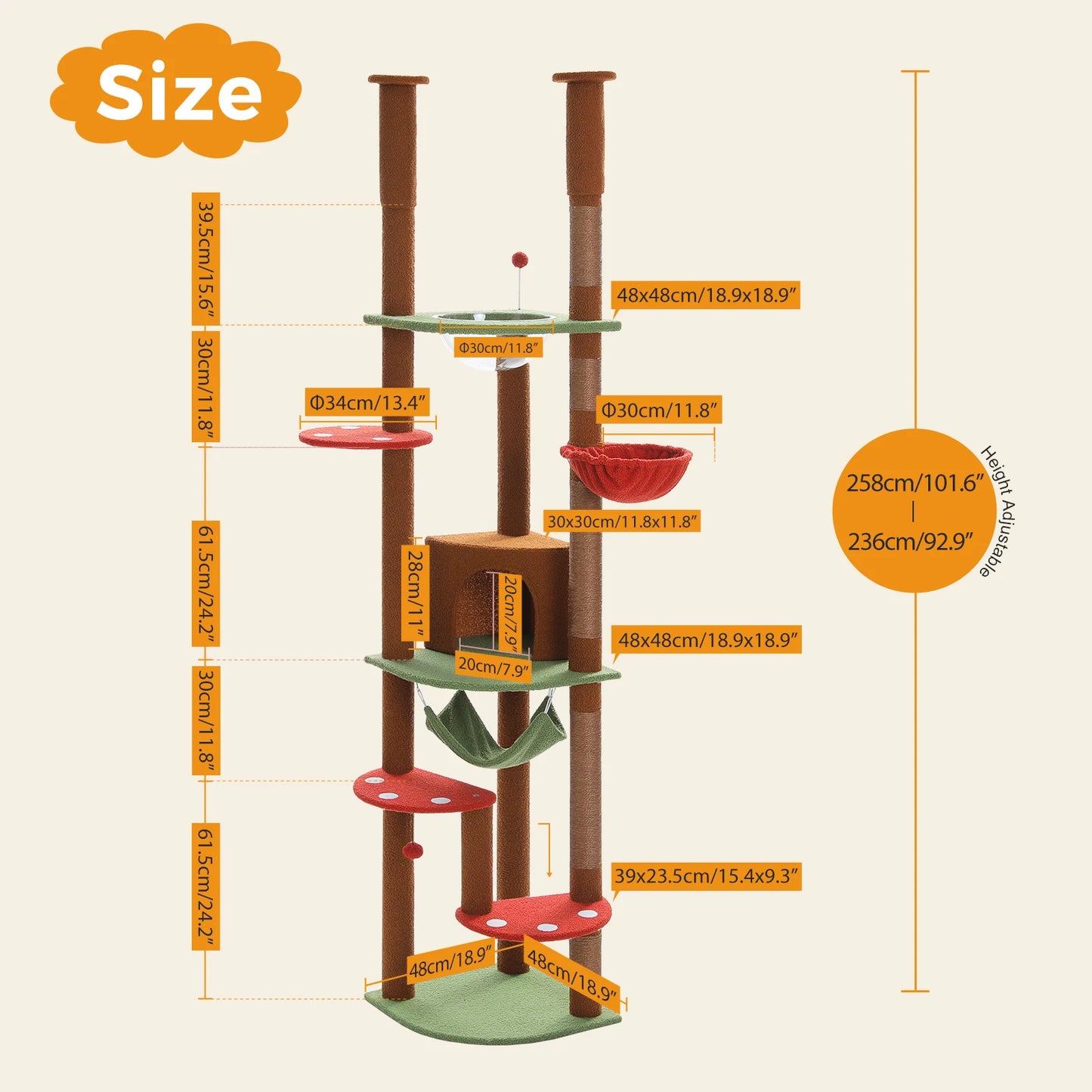 Adjustable Height Tall Cat Tree with Sisal Scratching Posts Spacious Condo Large Hammock Multi-Level Cat Tower Cat Accessories