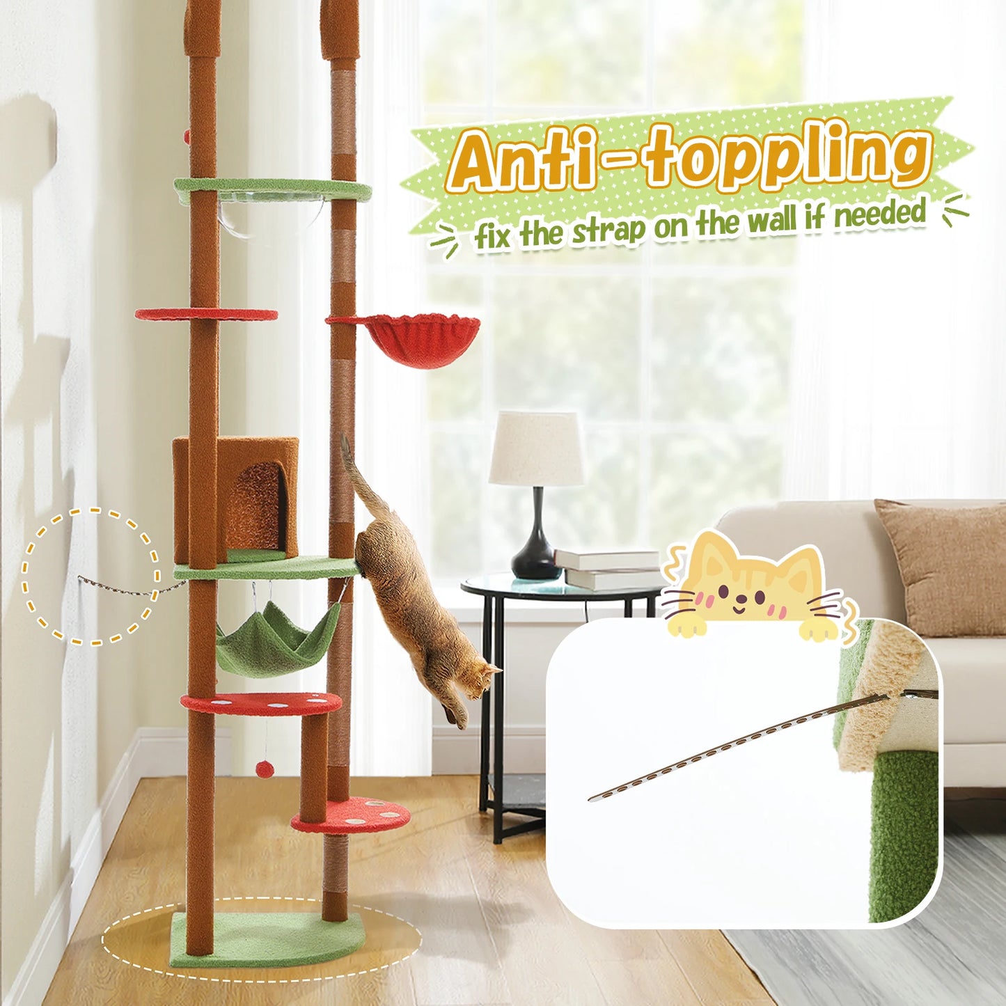 Adjustable Height Tall Cat Tree with Sisal Scratching Posts Spacious Condo Large Hammock Multi-Level Cat Tower Cat Accessories