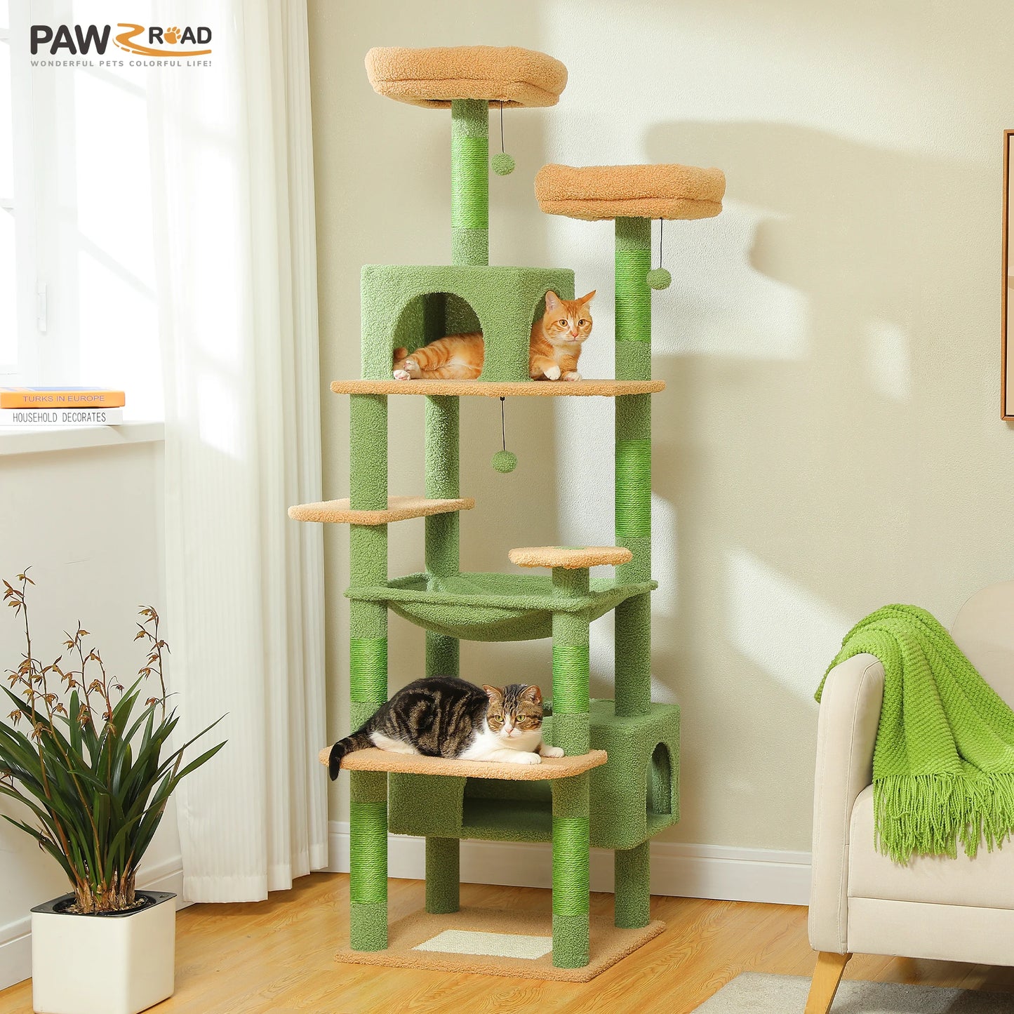 184cm Large Cat Tree Tower for Indoor Cats With Sisal-Covered Scratching Posts Spacious Hammock Padded Perches and Condos Green