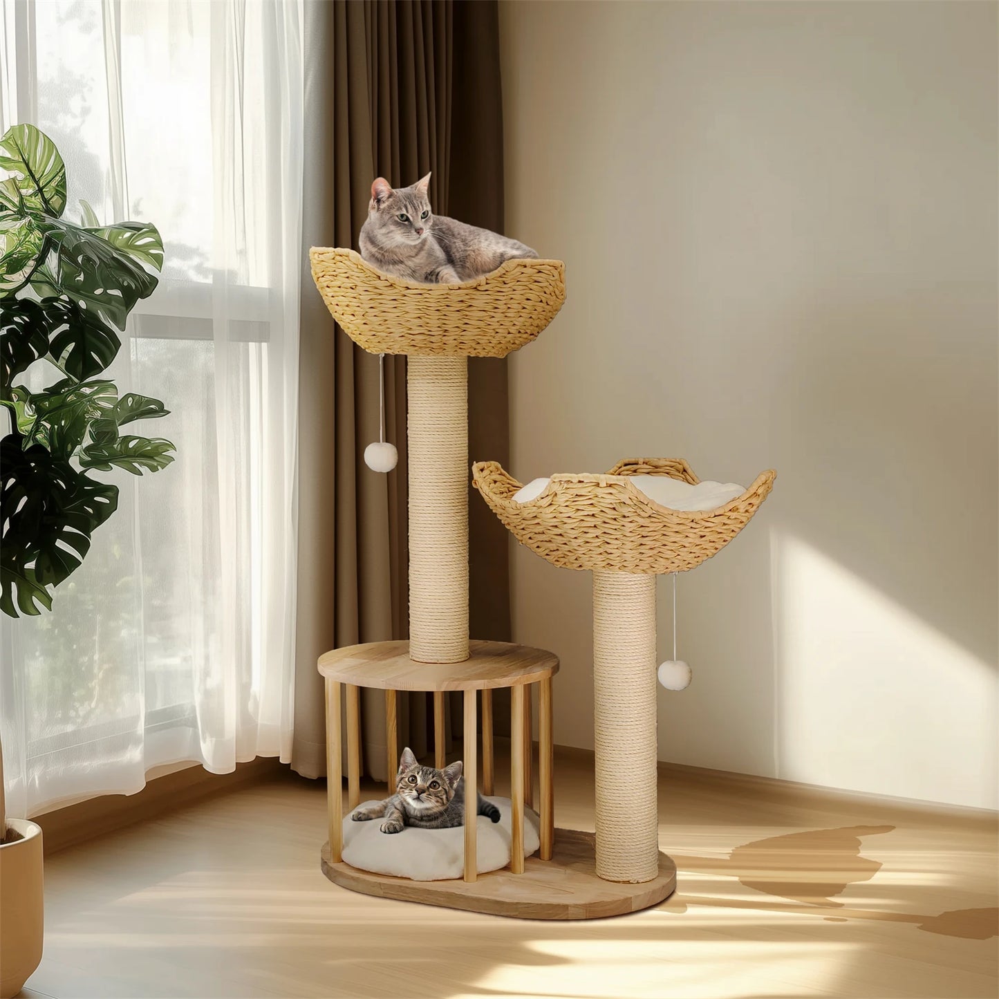 99CM Tall Multilevel Cat Tree Activity Tower Center with Plush Cushion Dangling Ball Baskets Condo Scratching Post for Indoor