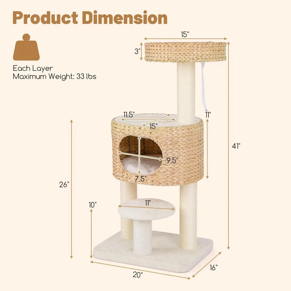 Tangkula Modern Cat Tree, 41 Inch Multi-Level Cat Tower with Cattail Fluff Condo & Top Perch, Hanging Toy, Bed, Removable Cushio