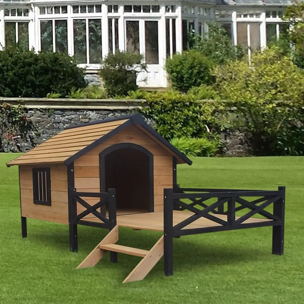 Wooden Large Dog House 43.3" L x 69.9" W x 32.7" H Extreme Outback Log Cabin Weatherproof Outdoor Pet Kennel, Cabin Style Elevat