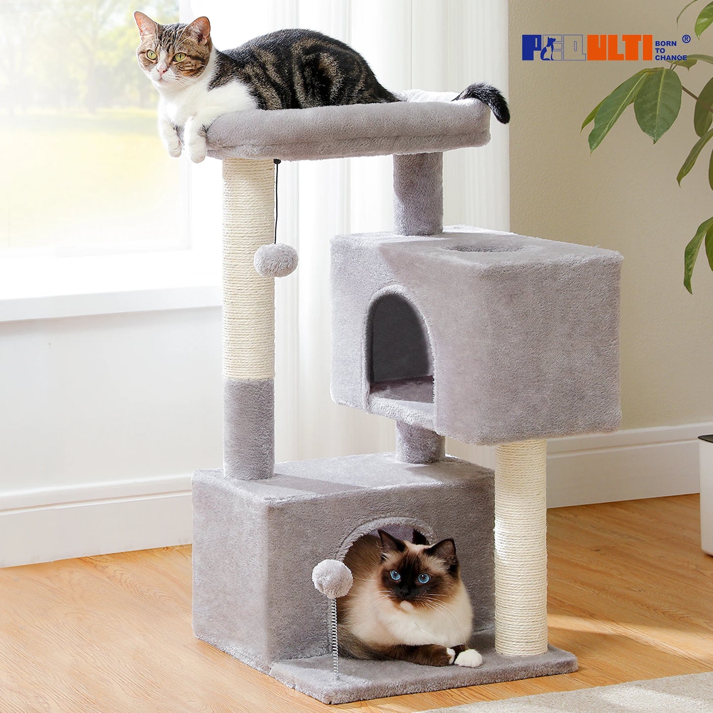 82cm Cat Tree Tower with Detachable Top Perch,Joyful and Interactive Spring Ball,Double Spacious Condos Suitable for Indoor Cats