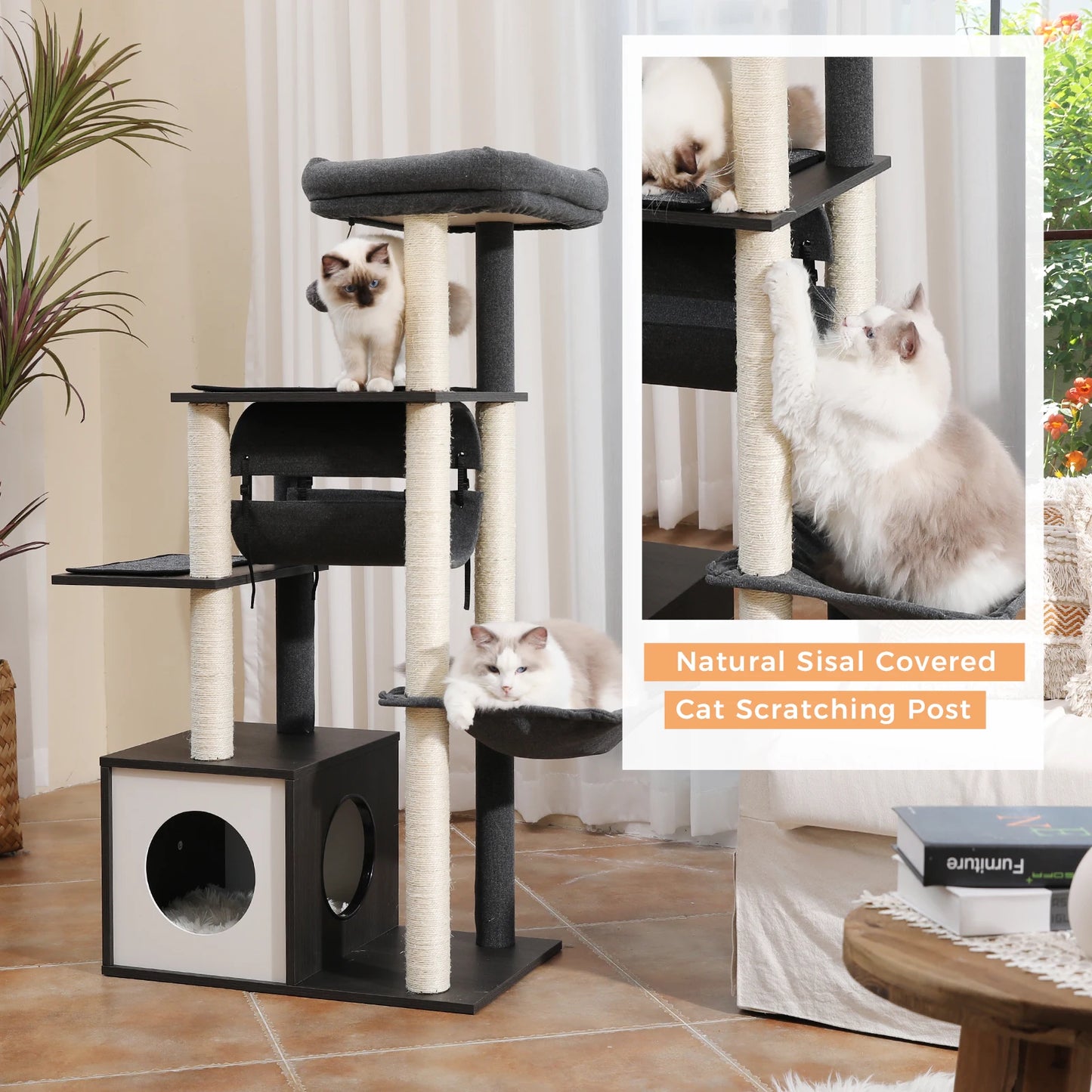 Multi-Level Wood Cat Tree with Tunnel Sisal Sctraching Post Large Condo Hammock Modern Cat Tower for Indoor Cat Accessories Toys