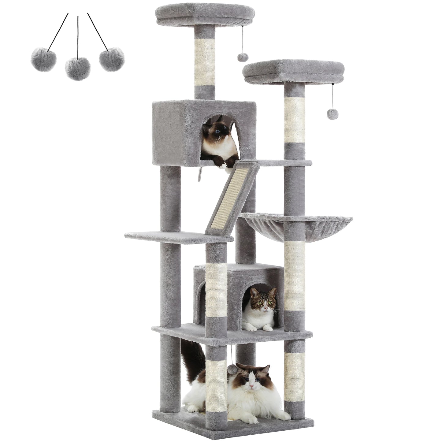 Stable&Safe Multi-Level Cat Tree Tower with Cozy Condo,Scratching Posts&Boards,Perches,Hammock,Pompoms for Active Cats,Cat Toys