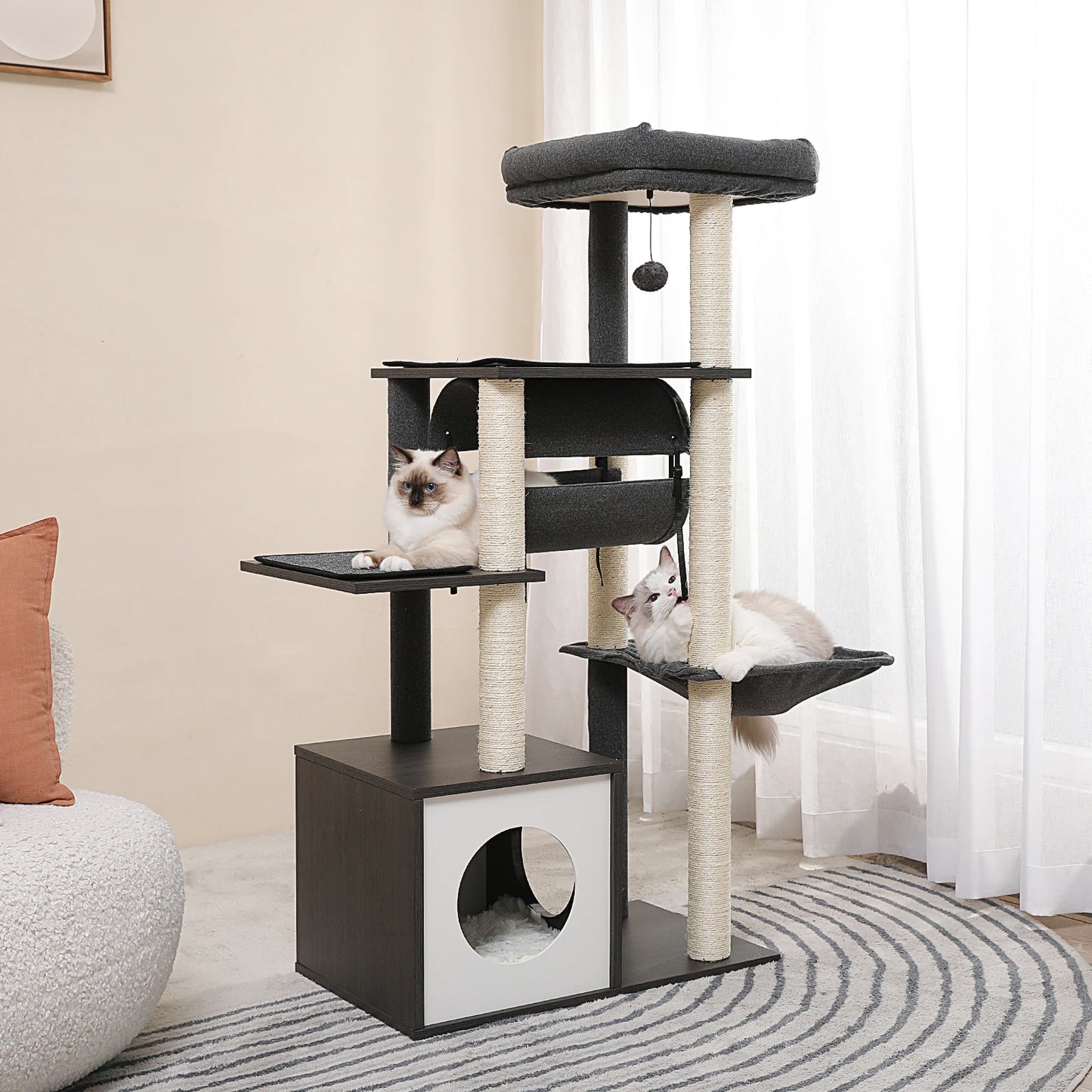 Modern Cat Tree for Indoor Cats Wooden Cat Tower with Sisal Covered Scratching Posts Cozy Condo Hammock Swing Tunnel Cat Toys
