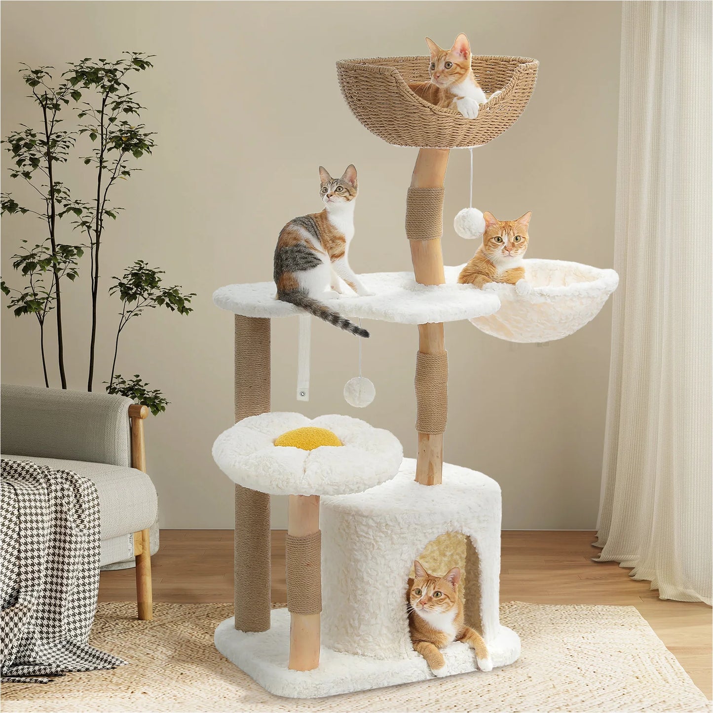Solid Wood Cat Tree Modern Cat Tower with Spacious Cat Condo,Flower Perches,Fun Pompom,Double Comfort Perfect for Indoor Kittes