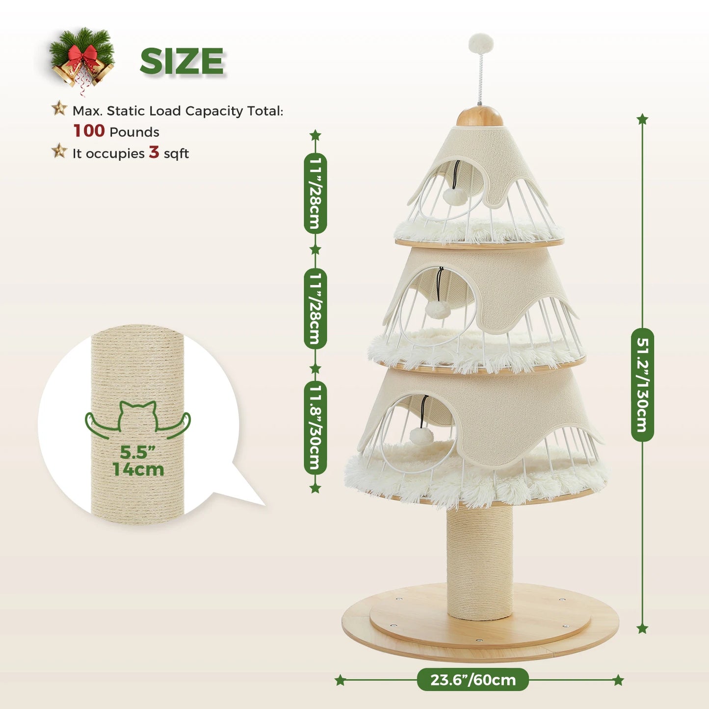 130cm Modern Cat Tree Tower with Thick Scratch Post Wood Cat Tower 3 Cozy Condos Sturdy Metal Frame and Replaceable Soft Mat