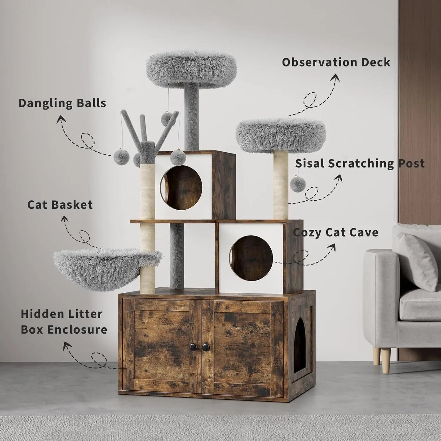 Litter Box Enclosure with Cat Tree Tower Condo - 3-in-1 Cat House Multi-Level Design for Climbing, Wooden Cat Furniture