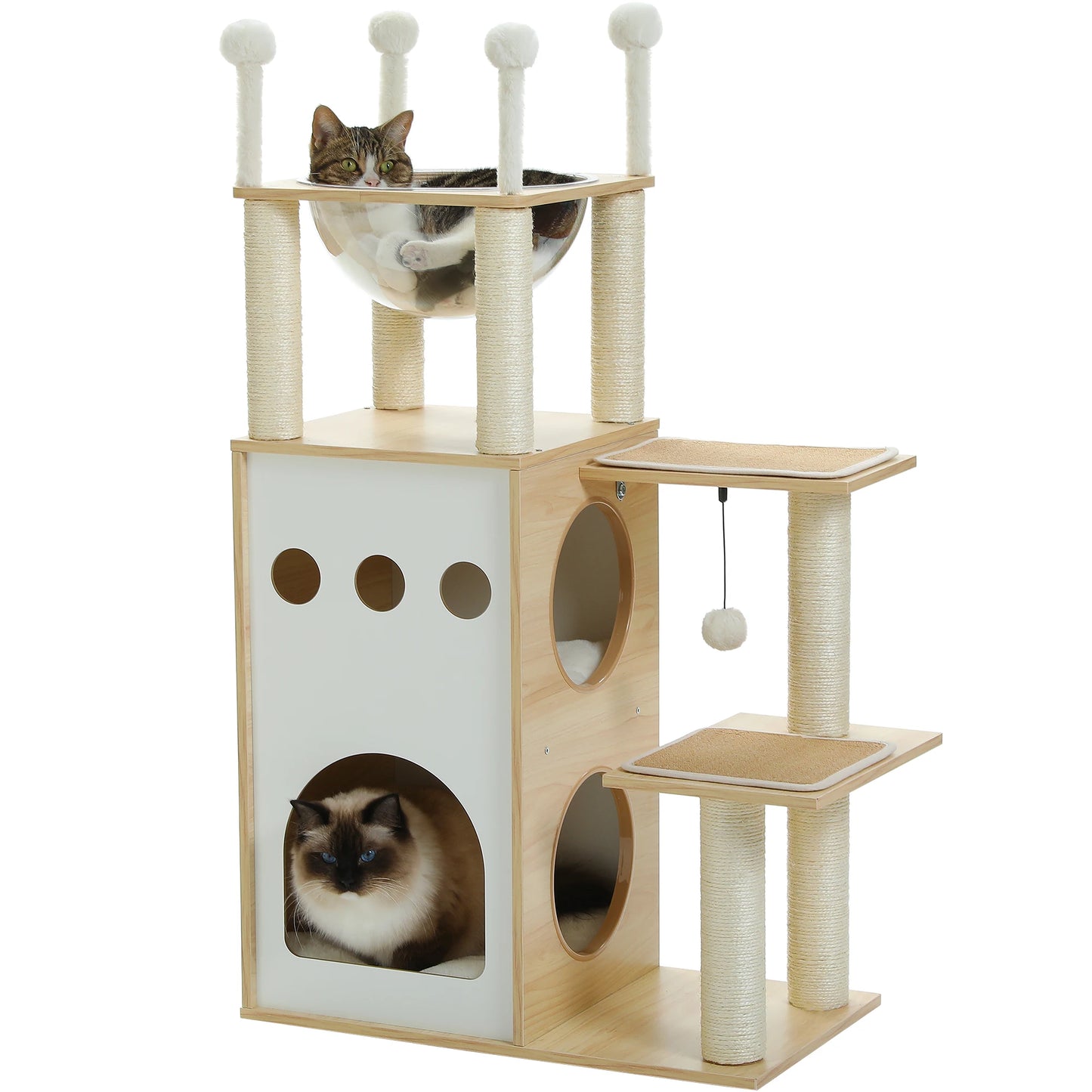 Modern Cat Tree Wooden Cat Tower with 2-Floor Condo Cat Furniture with Cat Scratching Posts Capsule Nest and Dangling Balls