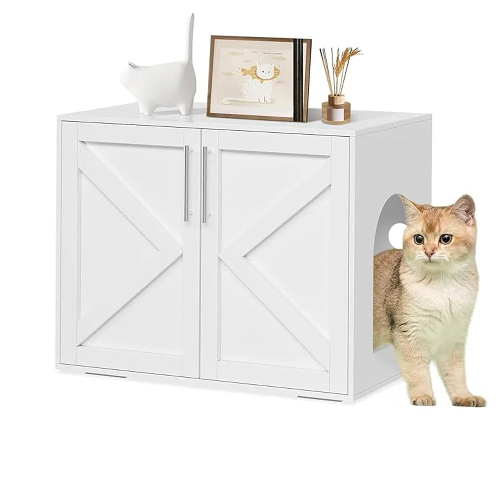 Hidden Litter Box Furniture with 2 Doors, Wooden Litter Box Enclosure Furniture, Indoor Cat House, TV Stand Cabinet